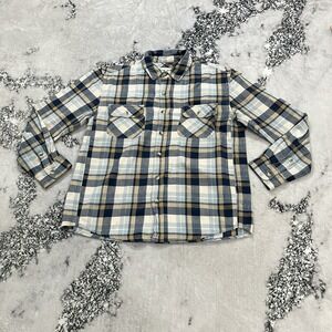 Mollusk Mens Plaid Flannel Shirt Blue Tan White Button Front Long Sleeve Medium